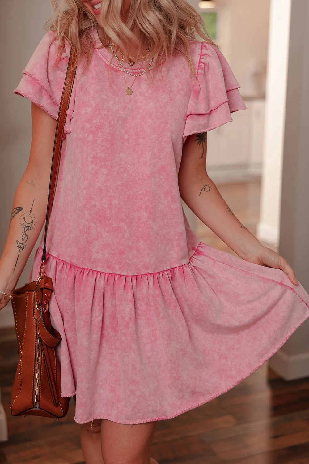Pink Mineral Wash Raw Edge Ruffle Mini Dress - Tigbul's Variety Fashion Shop