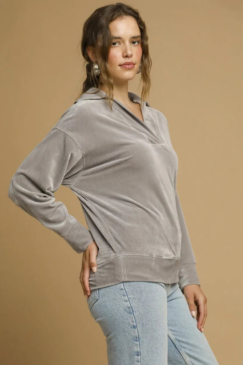 Umgee Soft Thermal Collared Long Sleeve Top - Tigbul's Variety Fashion Shop