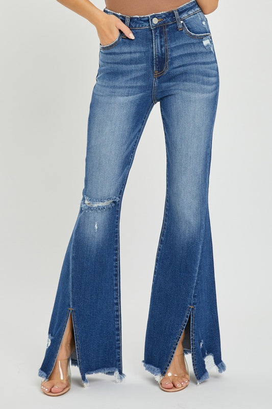 RISEN Full Size High Rise Front Slit Frayed Hem Flare Jeans - Tigbul's Variety Fashion Shop