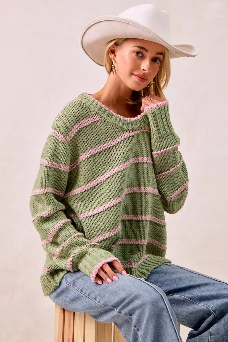 BiBi Striped Long Sleeve Sweater - Tigbul's Variety Fashion Shop