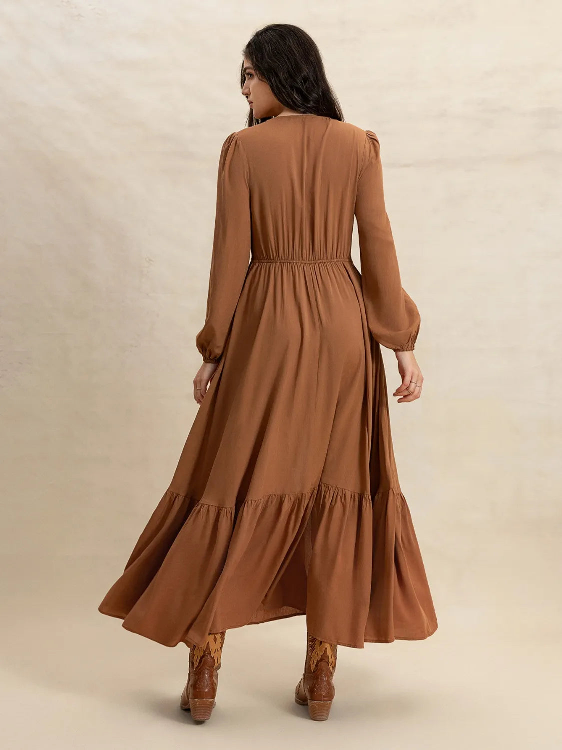 Brown Ruffled Hem V-Neck Balloon Sleeve Maxi Dress - Tigbul's Variety Fashion Shop