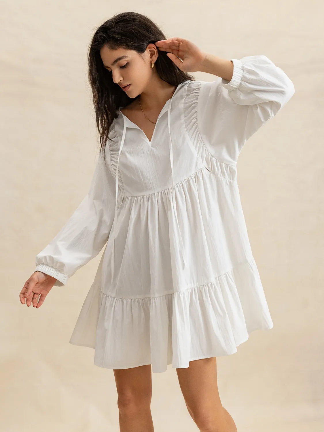 Tiered Tie Neck Long Sleeve White Mini Dress - Tigbul's Variety Fashion Shop