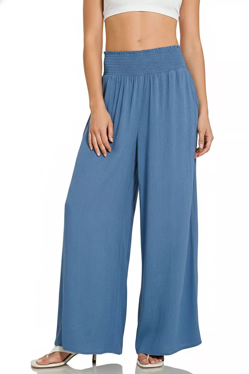 Smocked Waistband Wide Leg Blue Lounge Pants - Tigbul's Variety Fashion Shop