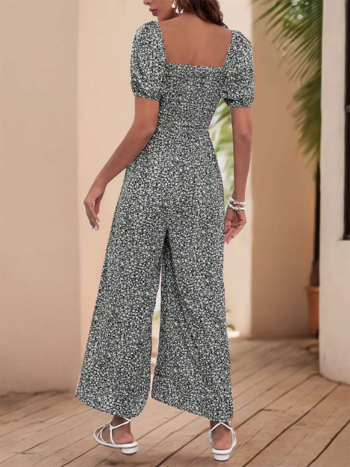 Printed Square Neck Puff Sleeve Jumpsuit - Tigbul's Variety Fashion Shop