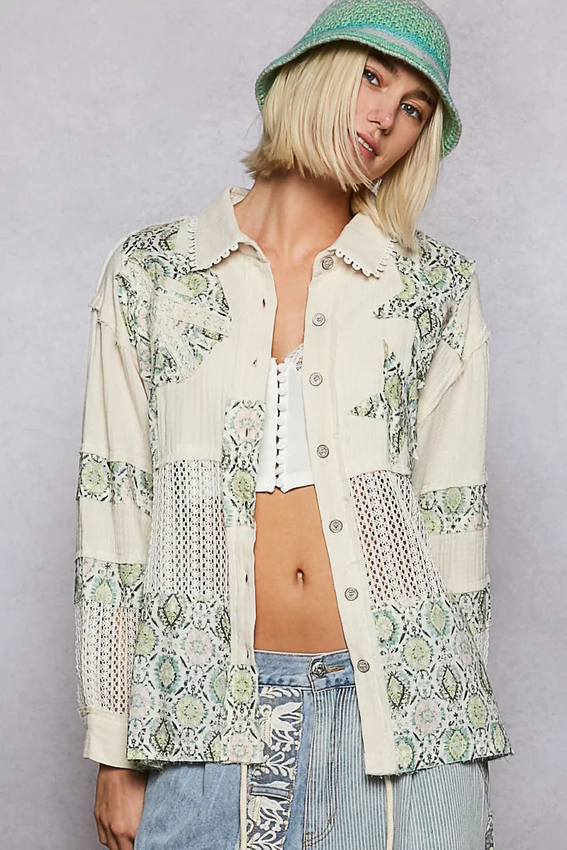 POL Printed Crochet Patchwork Button-Up Shirt - Tigbul's Variety Fashion Shop
