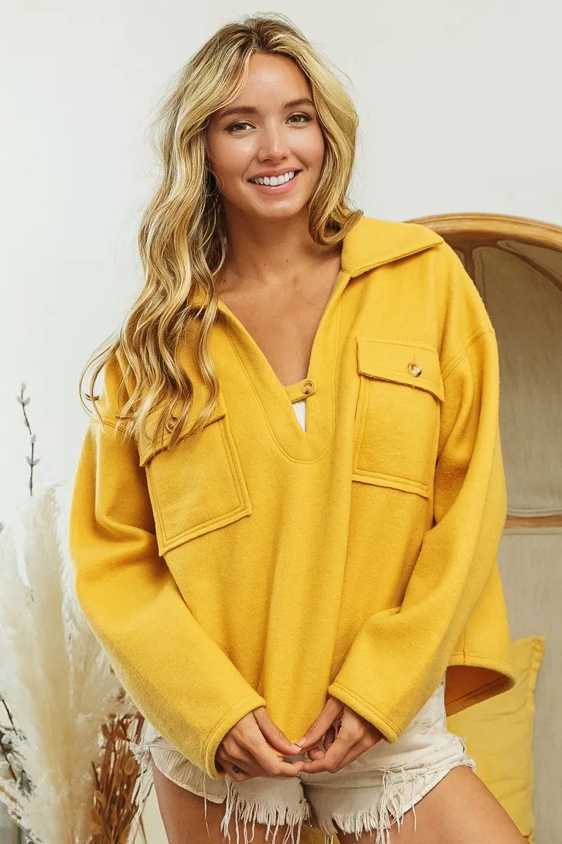 BiBi Flap Pockets Fleece Collared Sweatshirt - Tigbul's Variety Fashion Shop