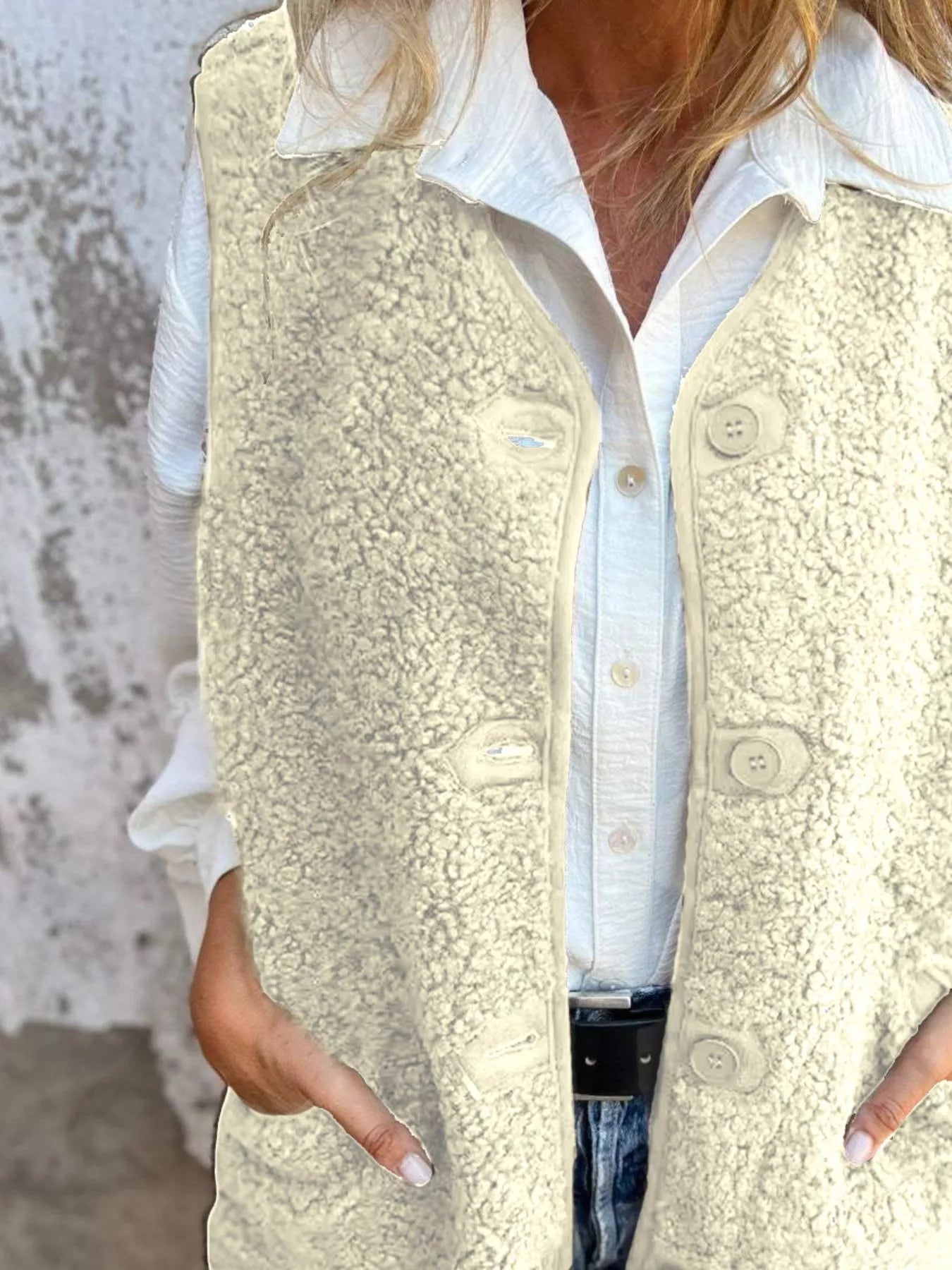Full Size Cozy Sherpa Fleece Button-Up Vest Coat with Pockets Plus Size - Tigbul's Variety Fashion Shop