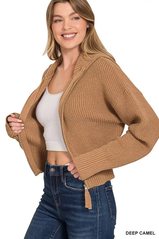 Zenana Ribbed Collared Zip Up Sweater Cardigan - Tigbul's Variety Fashion Shop
