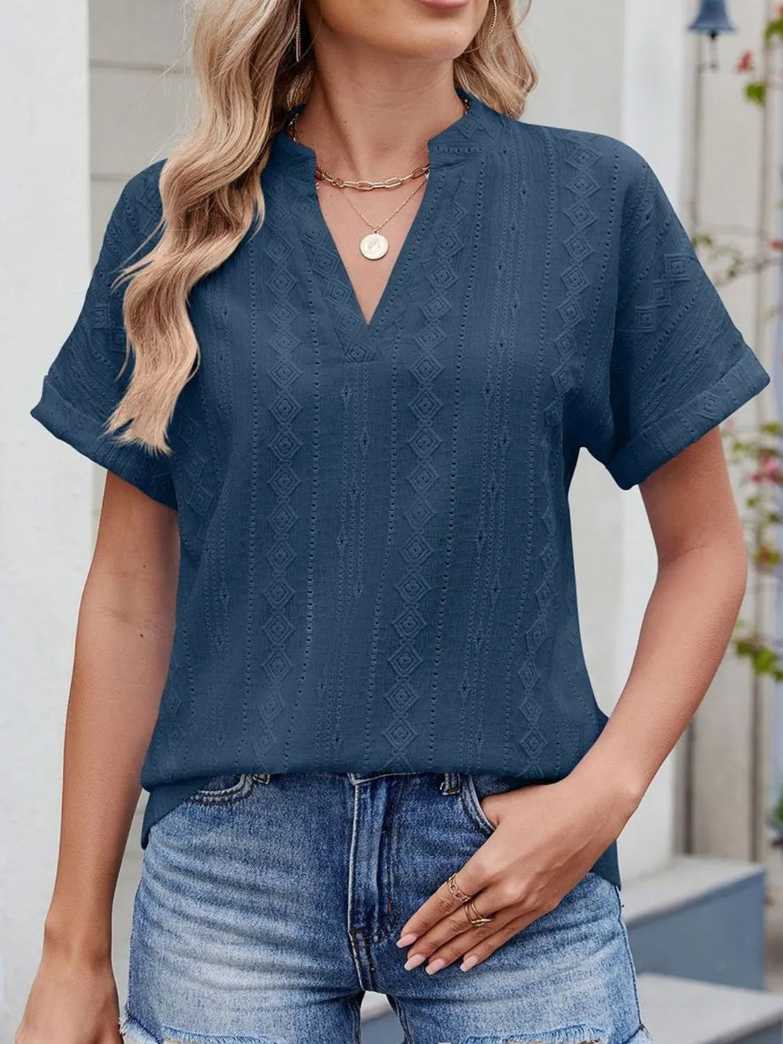 Eyelet Notched Short Sleeve Top - Tigbul's Variety Fashion Shop