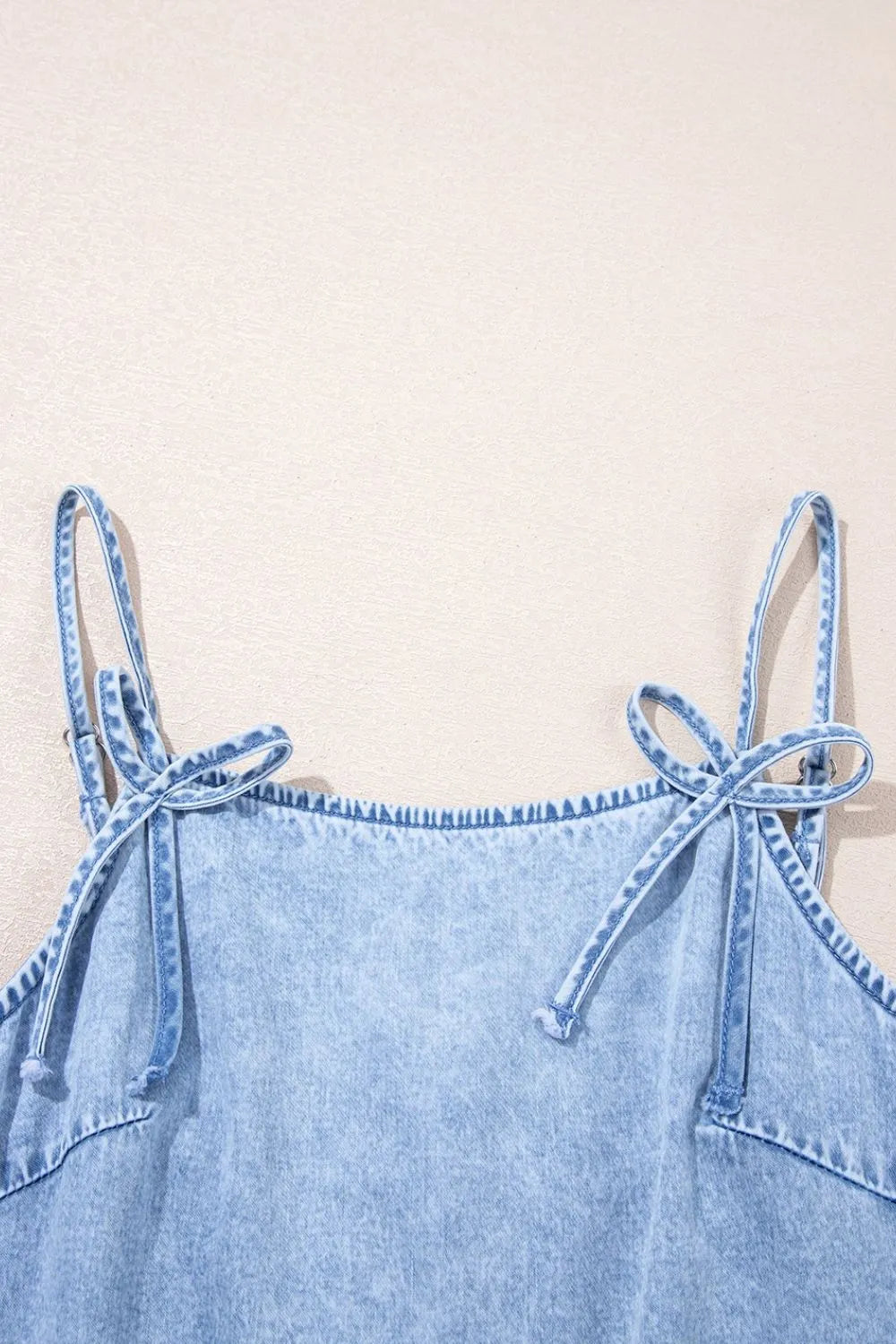 Bow Detail Spaghetti Straps Ruffle Hem Blue Denim Dress - Tigbul's Variety Fashion Shop