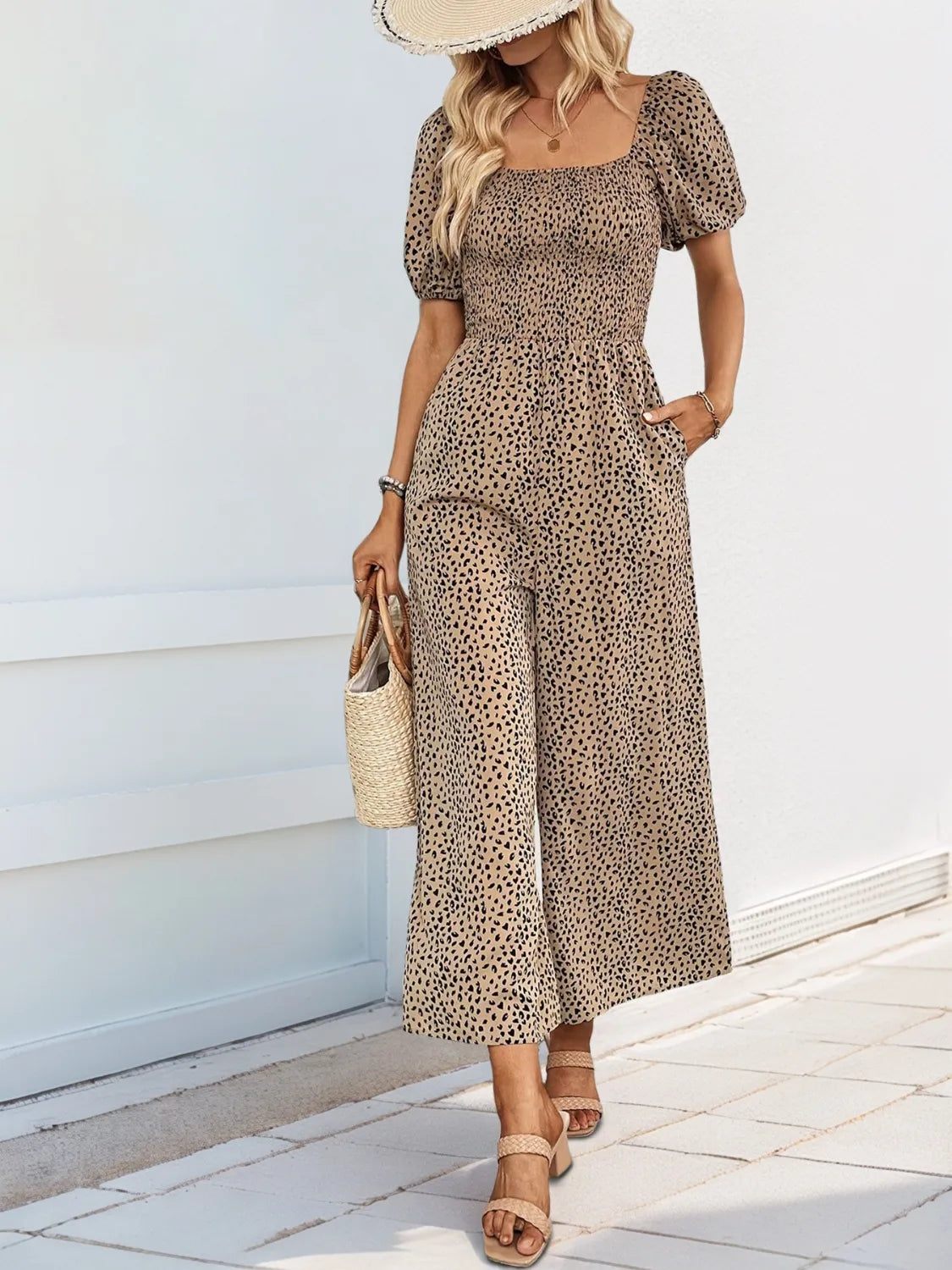 Printed Square Neck Puff Sleeve Jumpsuit - Tigbul's Variety Fashion Shop