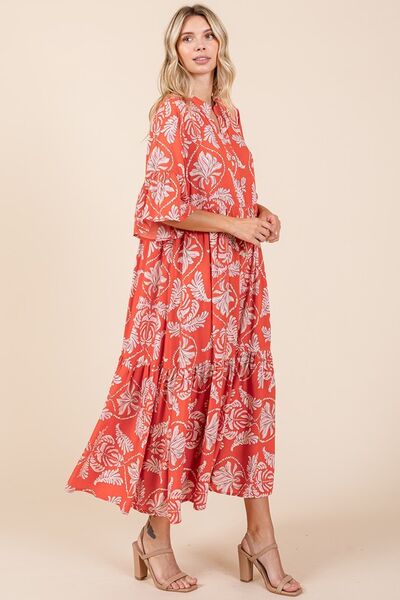 Orange-Red Abstract Leaf Print Tiered Ruffle Dress - Tigbul's Variety Fashion Shop