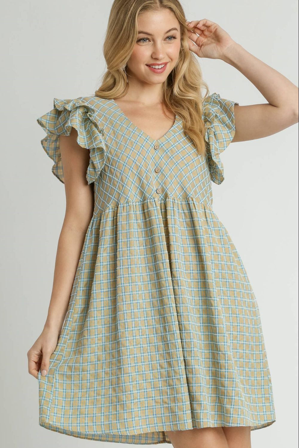 Umgee Full Size Plaid V-Neck Ruffle Cap Sleeve Dress Plus Size - Tigbul's Variety Fashion Shop