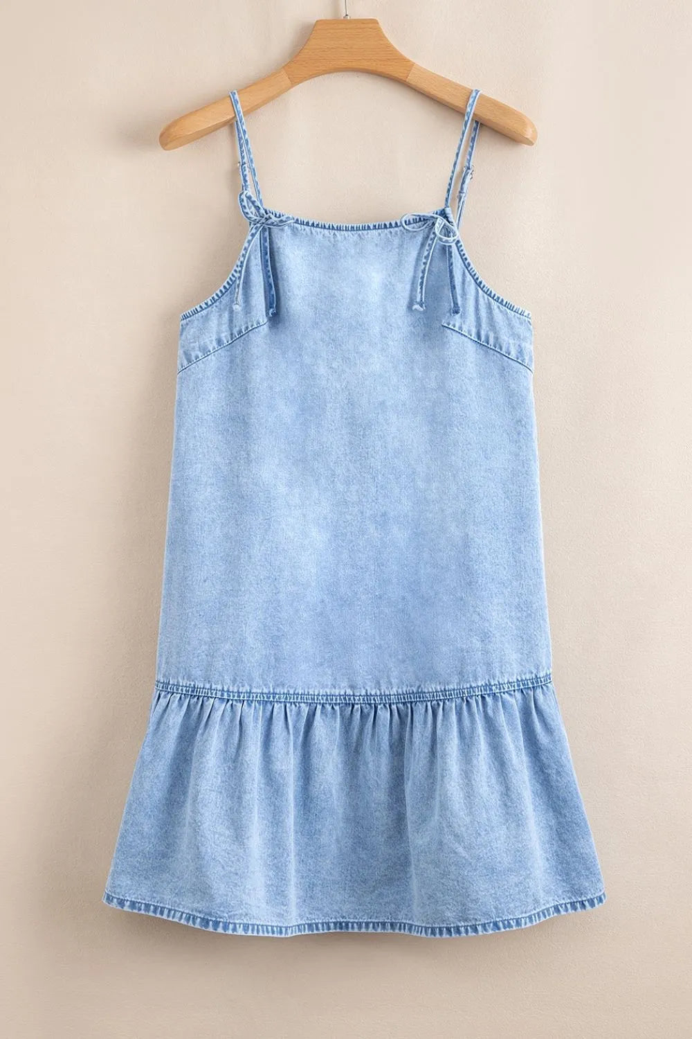Bow Detail Spaghetti Straps Ruffle Hem Blue Denim Dress - Tigbul's Variety Fashion Shop