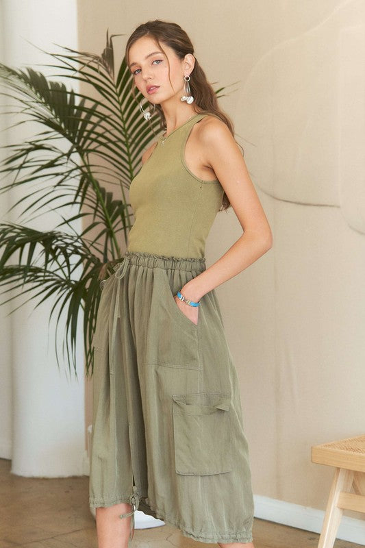 Lt. Olive Drawstring Sleeveless Washed Dress - Tigbul's Variety Fashion Shop