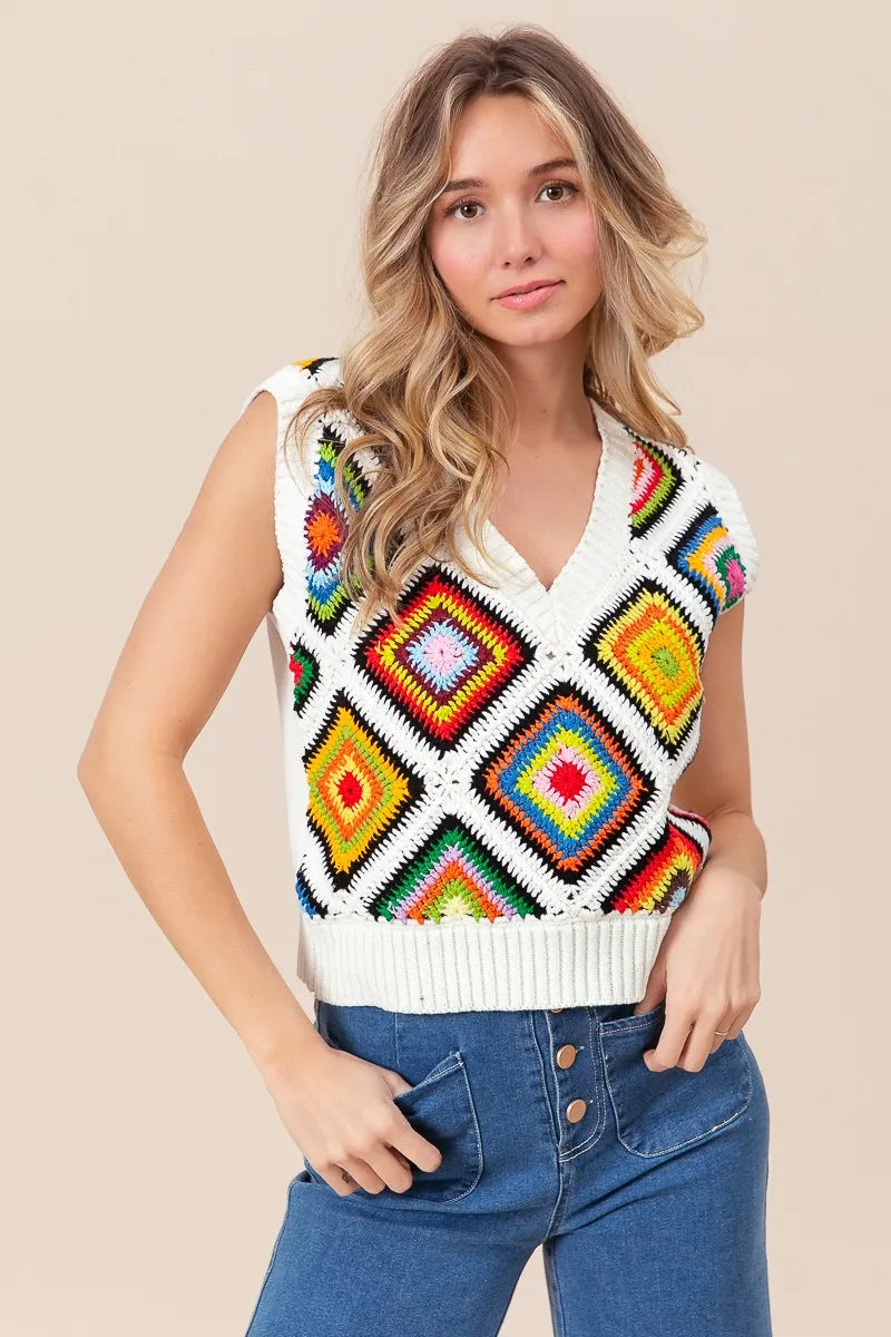 BiBi Diamond Granny Square Sweater Vest - Tigbul's Variety Fashion Shop