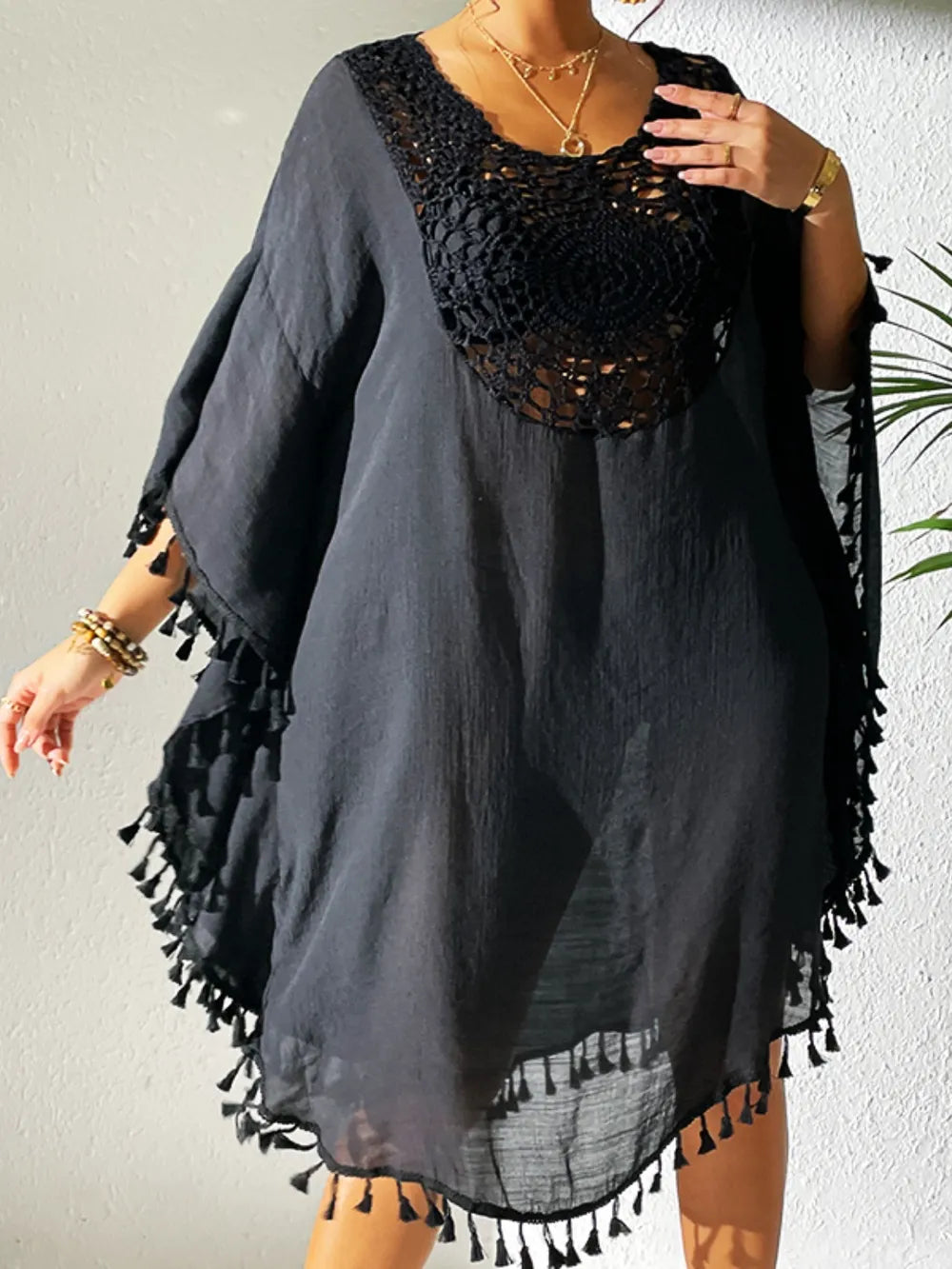 Tassel Cutout Scoop Neck Cover-Up Dress - Tigbul's Variety Fashion Shop