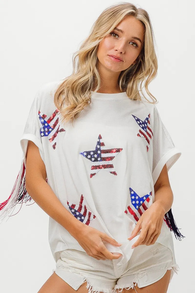 American Flag Sequin Star Fringe Top - Tigbul's Variety Fashion Shop