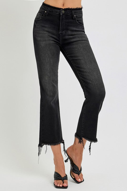 Black Raw Hem Cropped Flare Jeans - Tigbul's Variety Fashion Shop