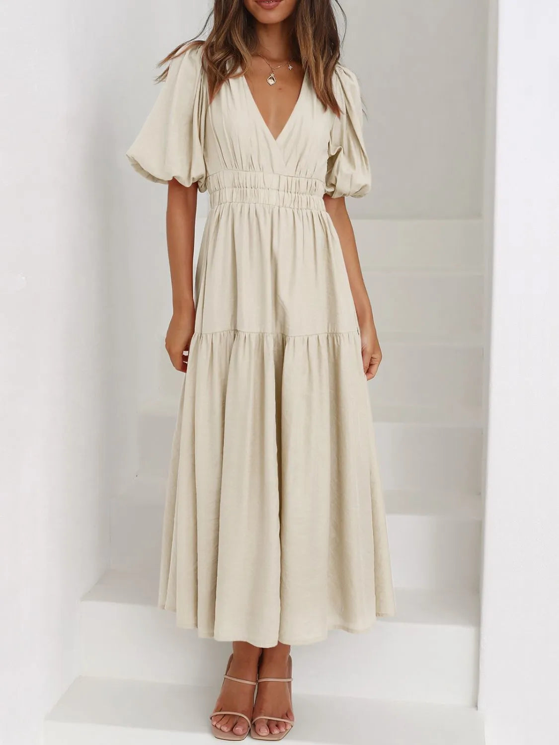 V-Neck Puff Sleeve Midi Dress - Tigbul's Variety Fashion Shop