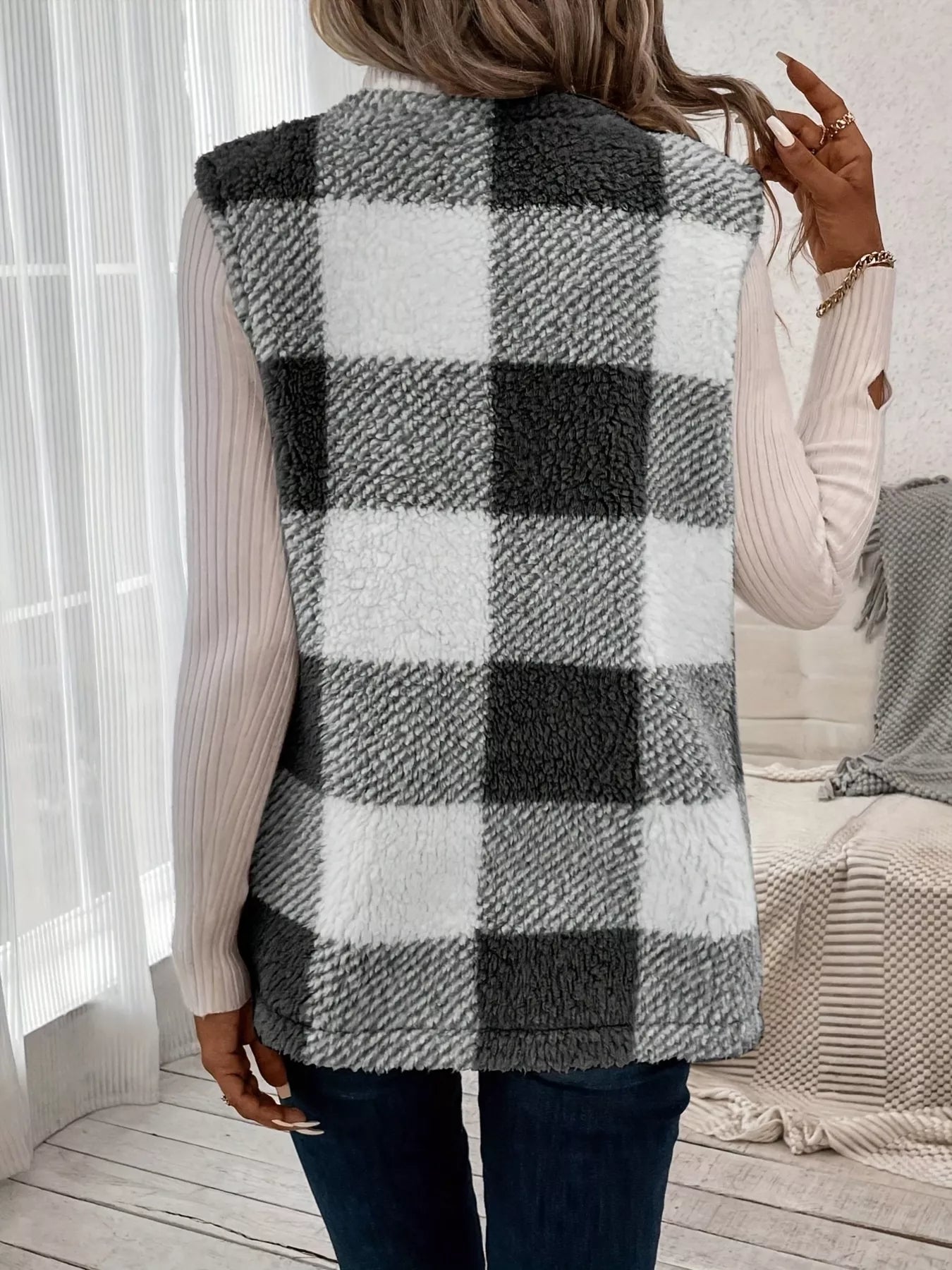 Plaid Sherpa Vest Coat with Pockets - Tigbul's Variety Fashion Shop