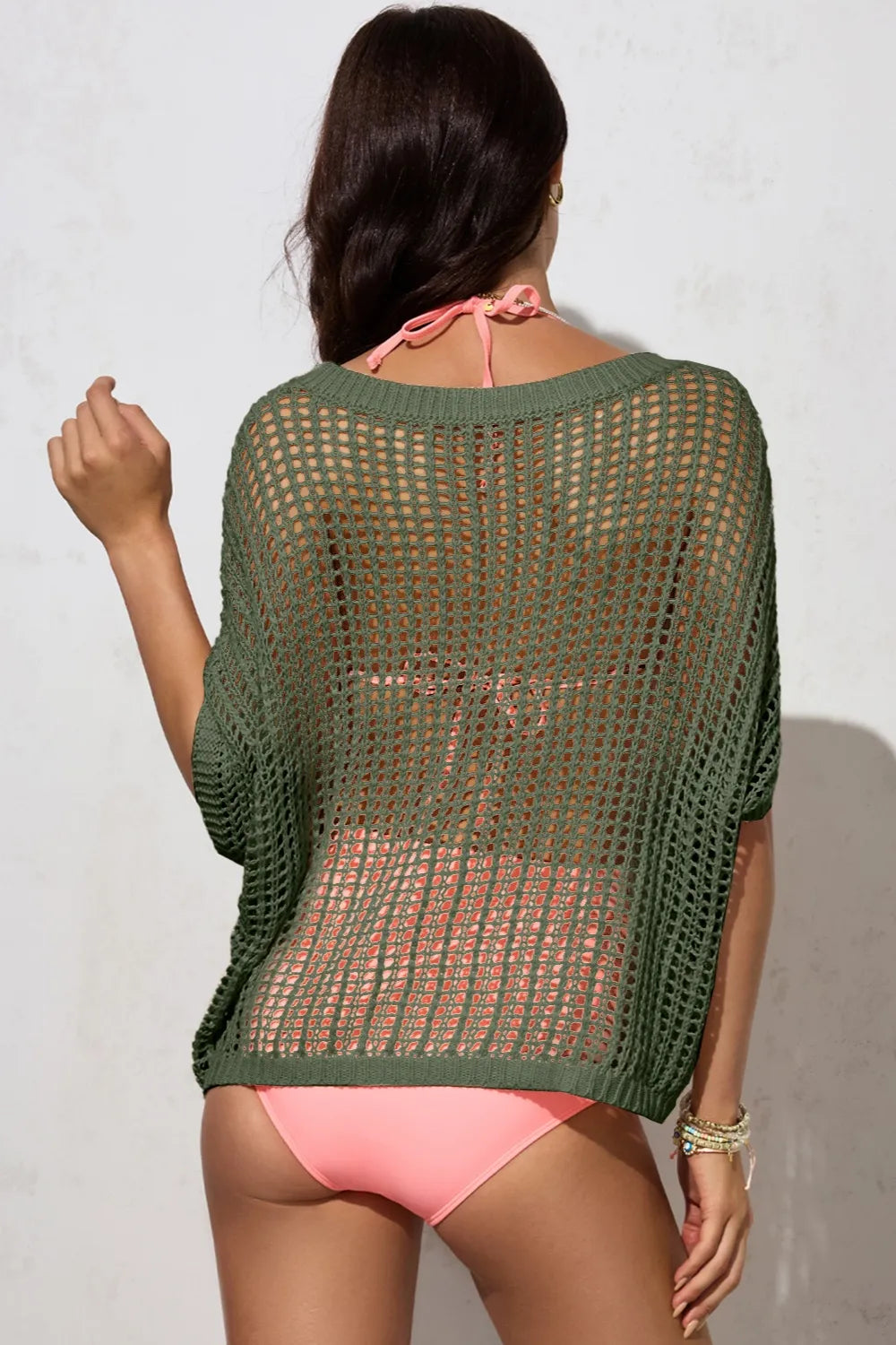 Openwork Round Neck Half Sleeve Knit Cover Up - Tigbul's Variety Fashion Shop