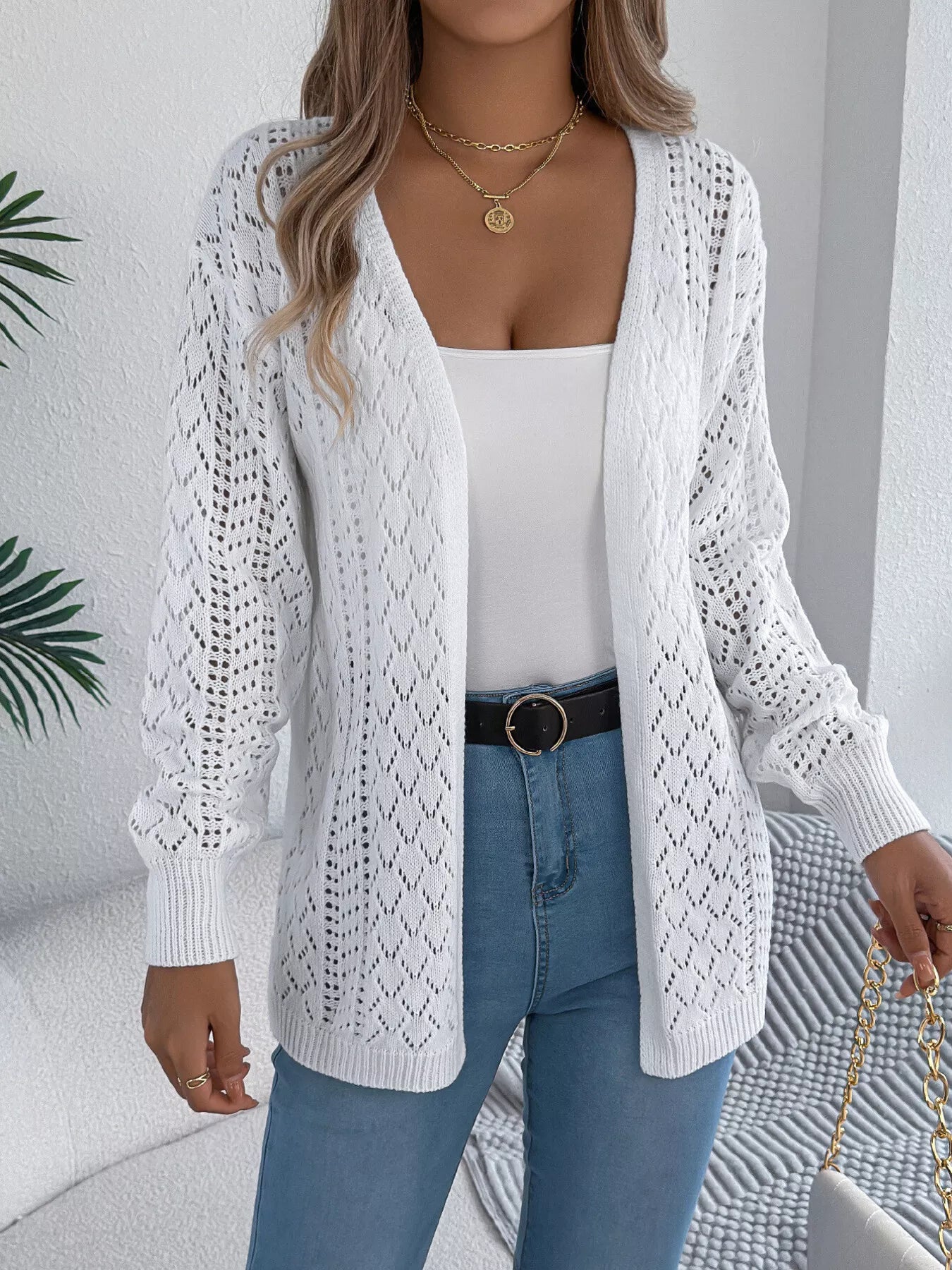 Openwork Open-Front Long Sleeve Cardigan - Tigbul's Variety Fashion Shop