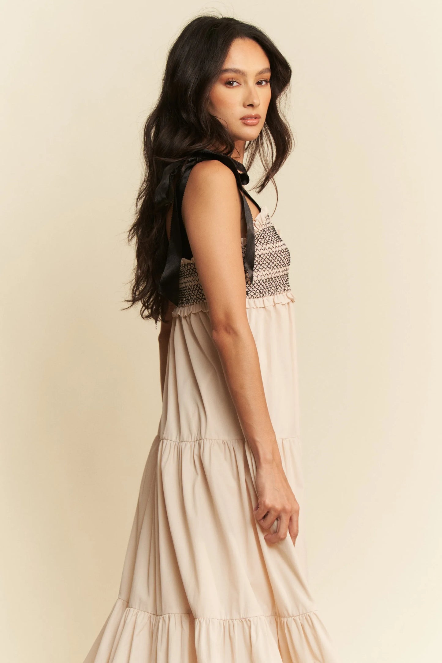Beige Multi Contrast Smocked Bodice Straps Maxi Dress - Tigbul's Variety Fashion Shop