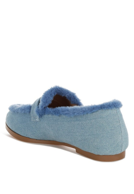 Nivena Fur Detail Denim Loafers - Tigbul's Variety Fashion Shop