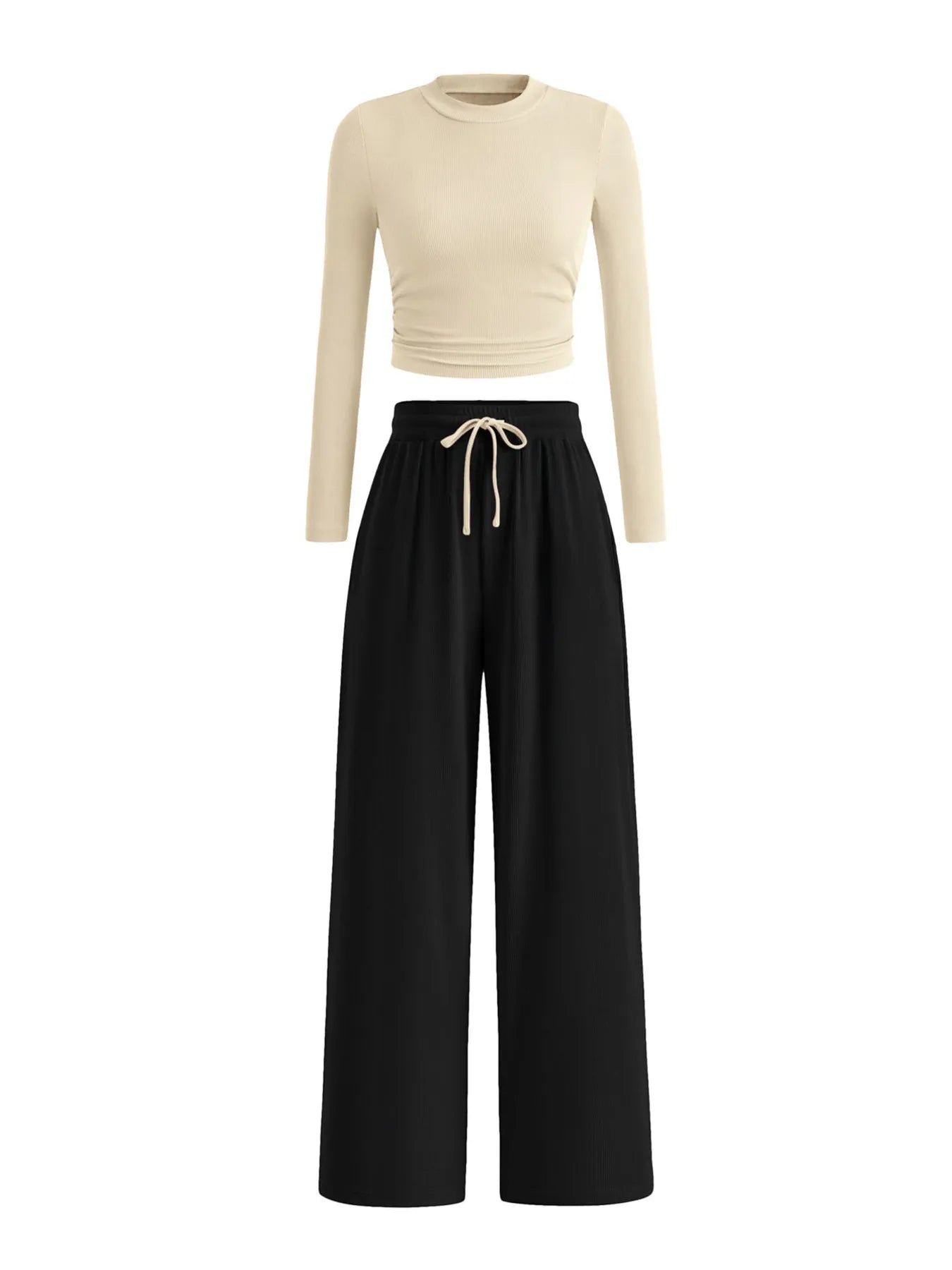 Round Neck Long Sleeve Top and Pants Set - Tigbul's Variety Fashion Shop