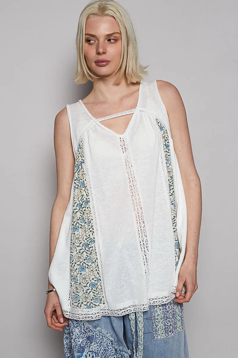POL V Neck Sleeveless Tank Top with Lace Detail - Tigbul's Variety Fashion Shop