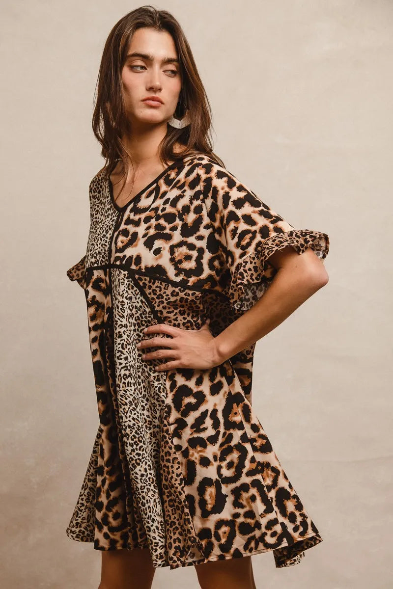 BiBi Leopard Prints Mix and Match Short Sleeves Dress - Tigbul's Variety Fashion Shop