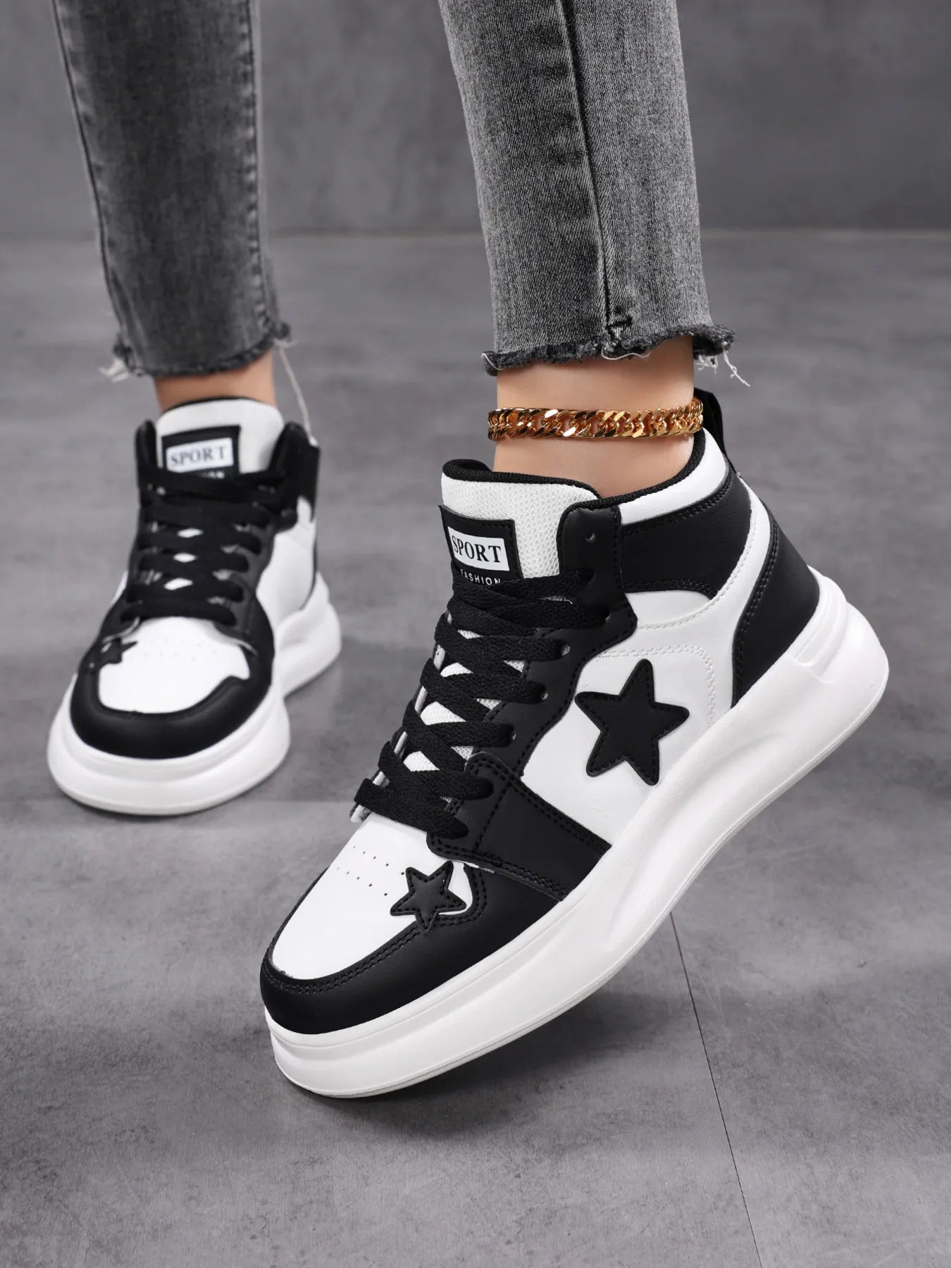 Star Pattern Lace Up Sneakers - Tigbul's Variety Fashion Shop
