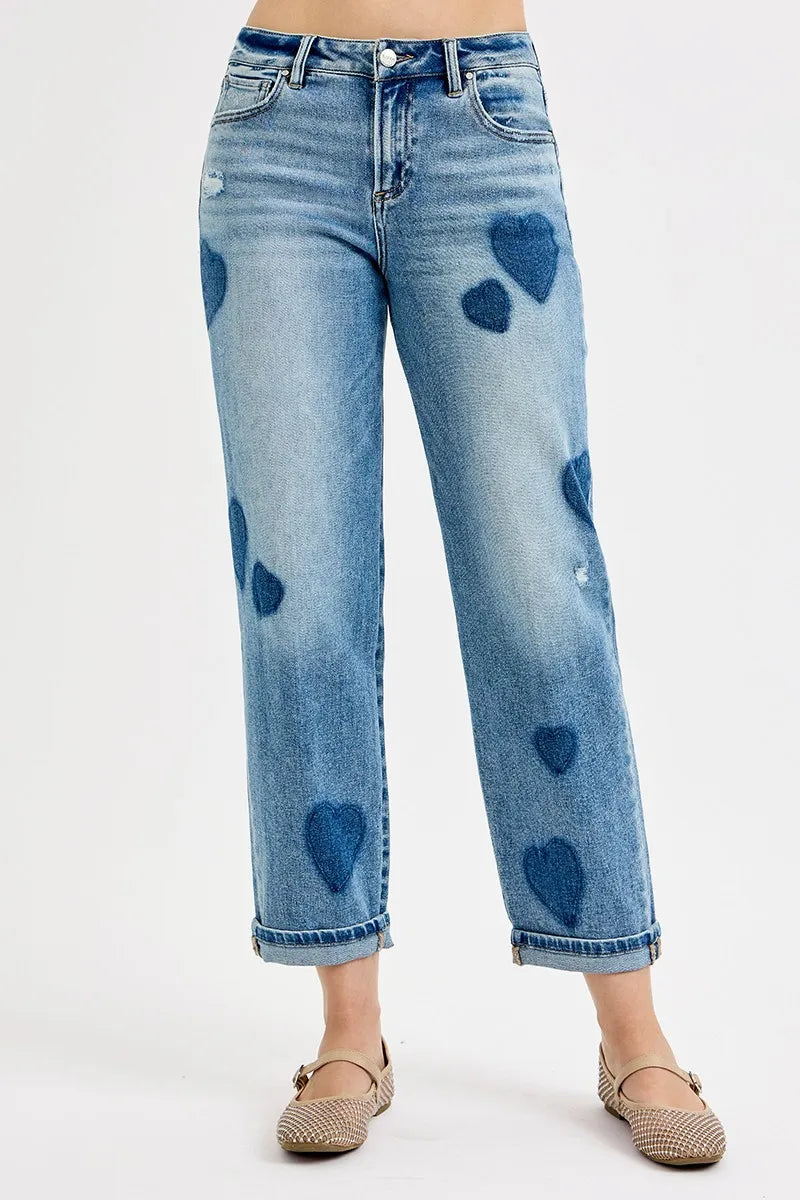 RISEN Full Size Mid Rise Fit-boyfriend Heart Shade Jeans Plus Size - Tigbul's Variety Fashion Shop