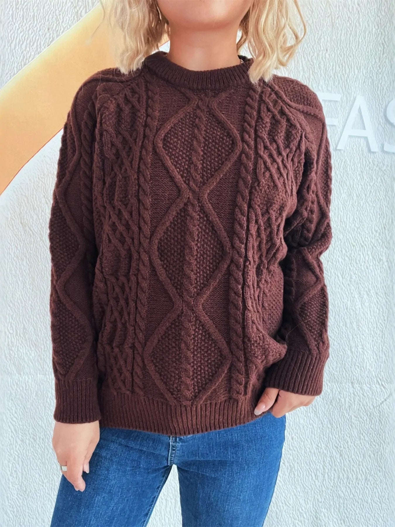Cable Knit Long Sleeve Sweater - Tigbul's Variety Fashion Shop