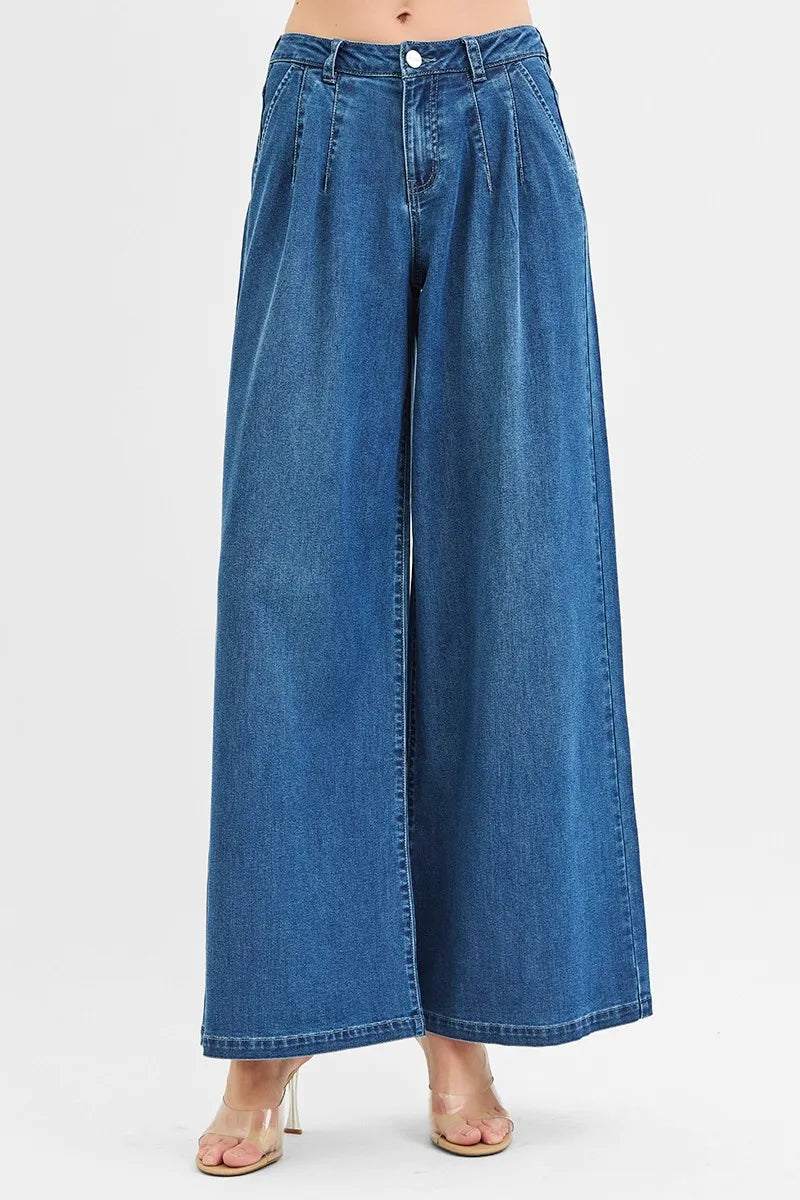 RISEN Mid Rise Fit Wide Leg Knit Denim Look Jeans - Tigbul's Variety Fashion Shop
