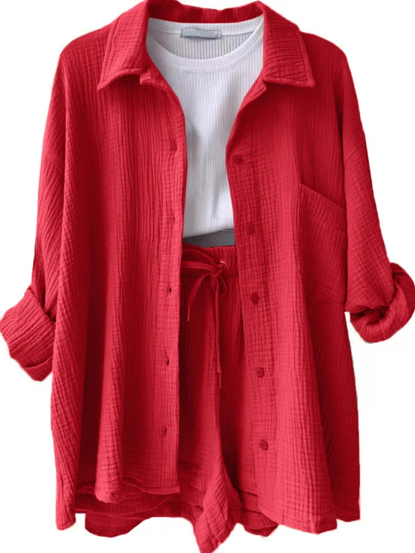 Textured Button Up Shirt and Shorts Set - Tigbul's Variety Fashion Shop