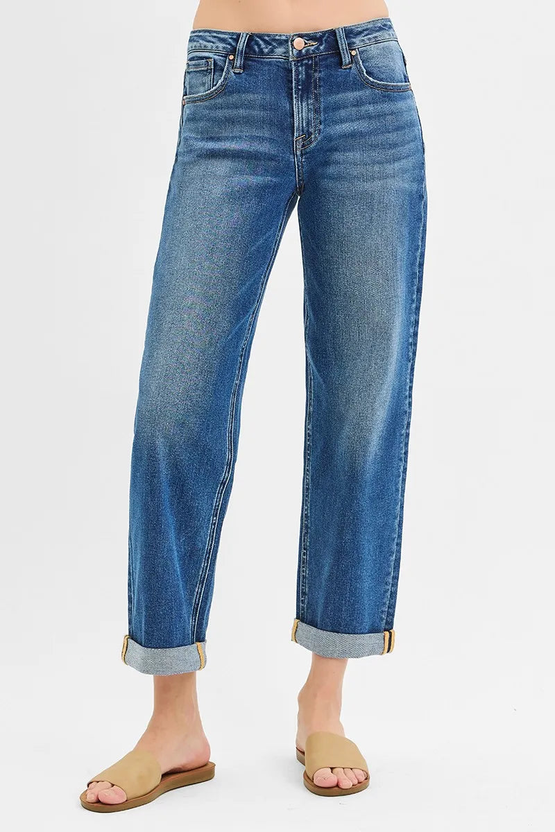 RISEN Full Size Mid Rise Boyfriend Roll Up Jeans Plus Size - Tigbul's Variety Fashion Shop