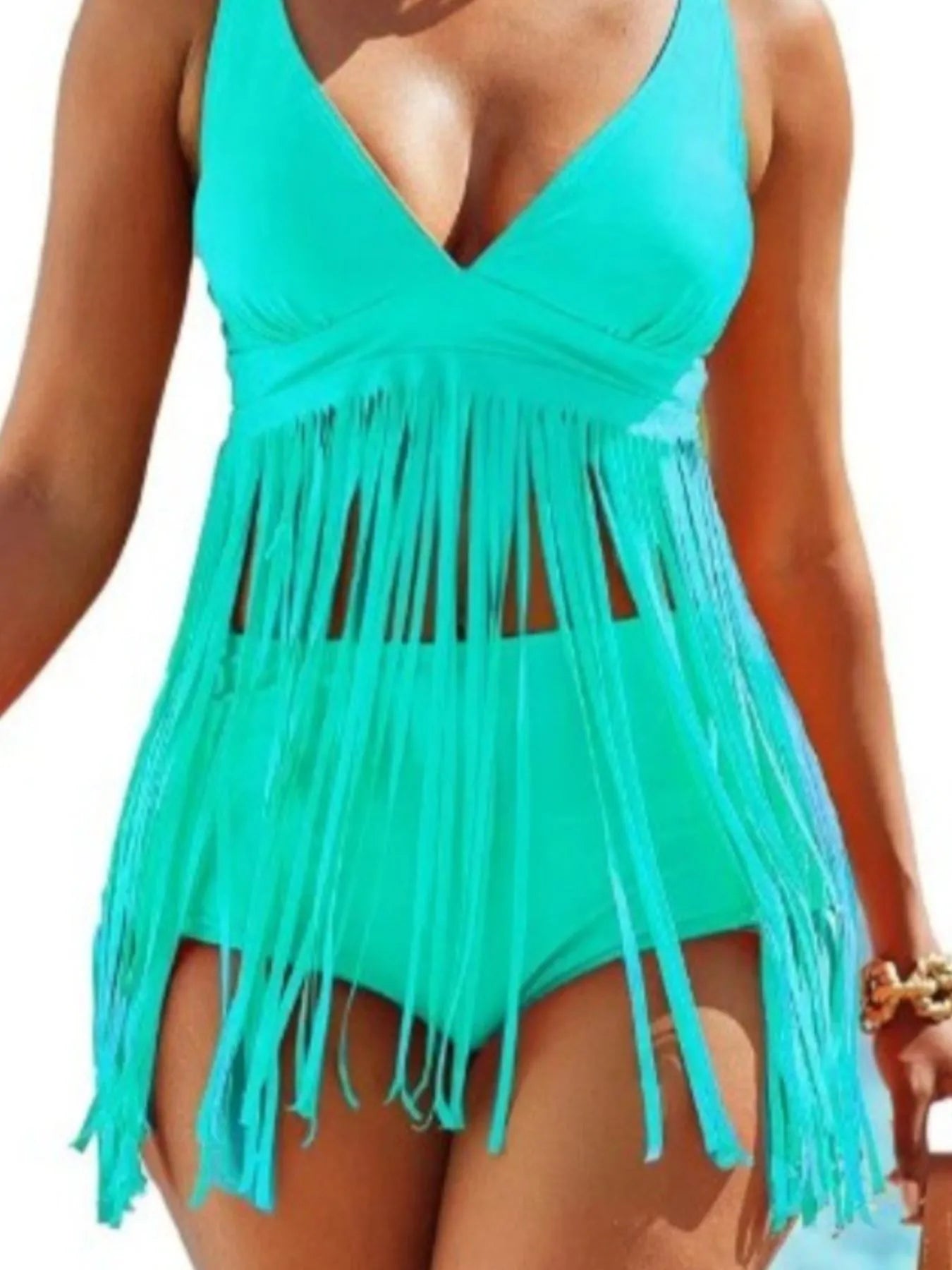 Plus Size Fringe V-Neck Tankini Swim Set - Tigbul's Variety Fashion Shop