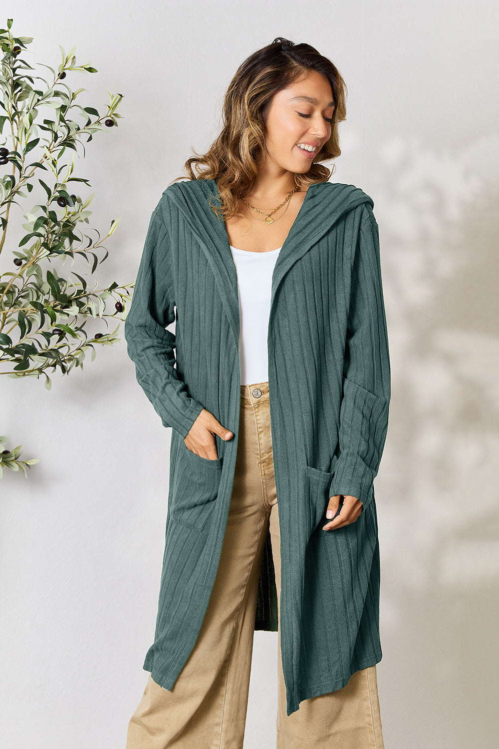 Ribbed Open Front Long Sleeve Cardigan - Tigbul's Variety Fashion Shop
