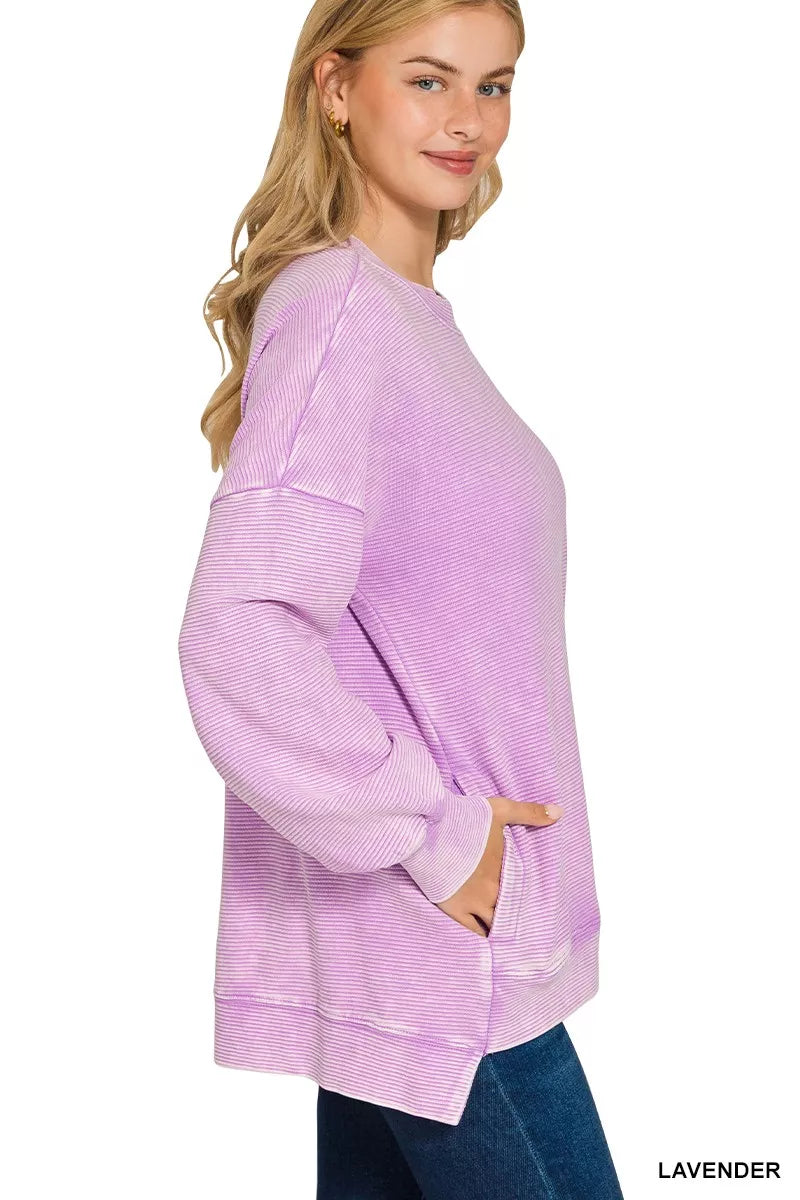 Lavender Acid Washed Double Ribbed Hi-low Sweatshirt - Tigbul's Variety Fashion Shop