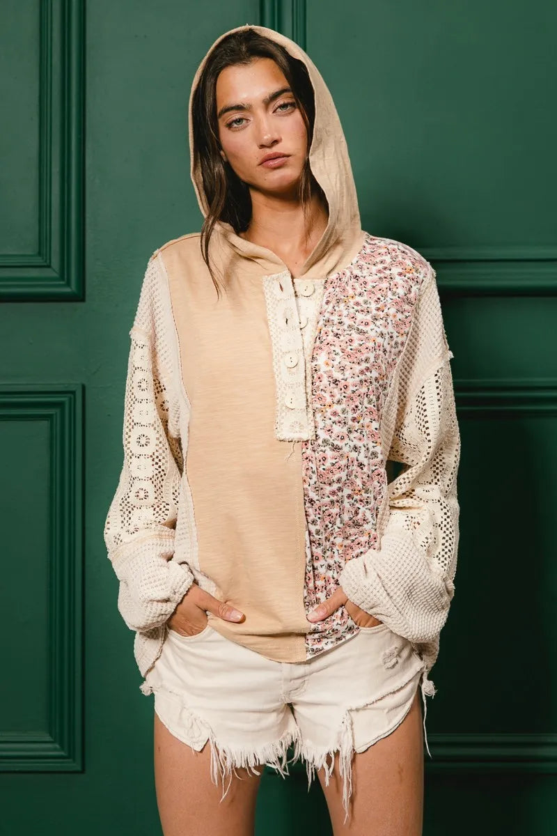 BiBi Slub Jersey with Lace Combo Buttoned Hoodie Top - Tigbul's Variety Fashion Shop