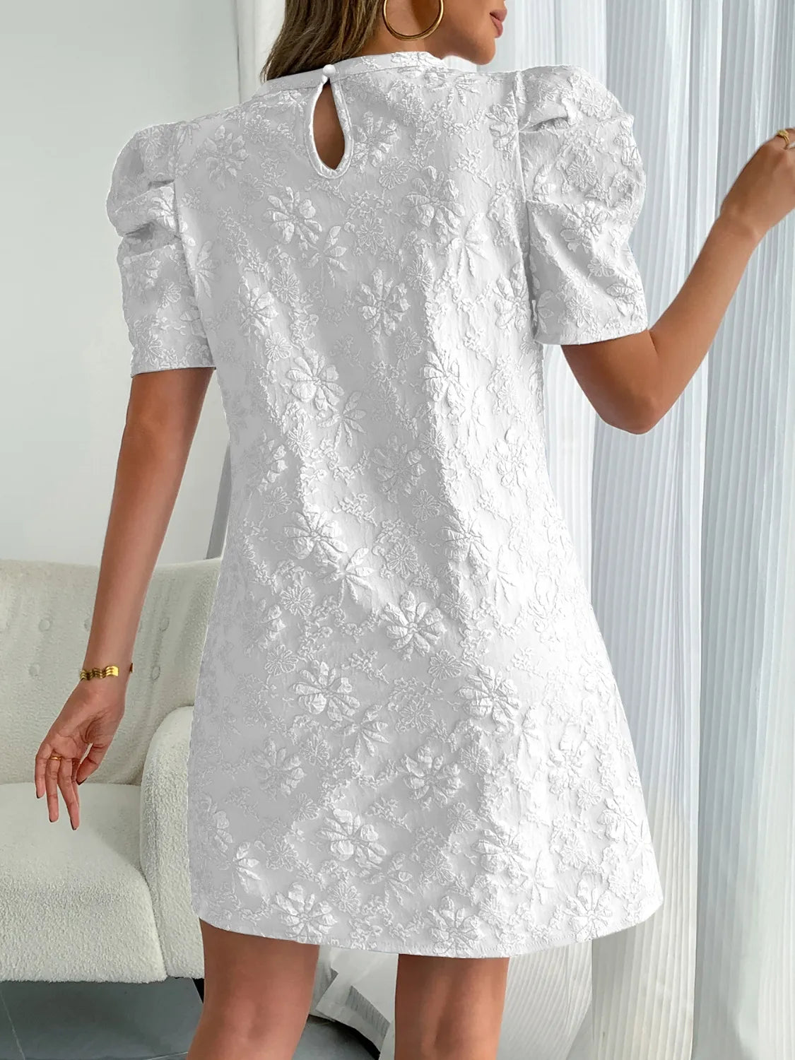 Round Neck Puff Short Sleeve Mini Dress - Tigbul's Variety Fashion Shop