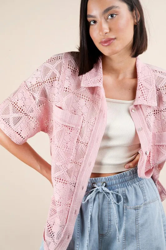 Pink Plus Size Oversized Crochet Button Down Shirt Top - Tigbul's Variety Fashion Shop