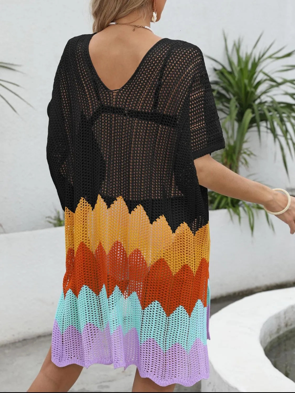 Openwork V-Neck Half Sleeve Cover-Up - Tigbul's Variety Fashion Shop