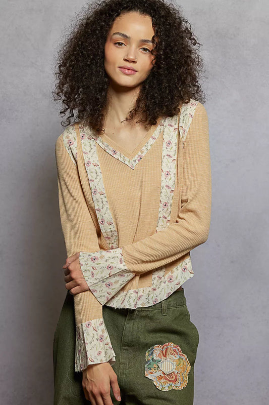 POL Floral Patch V-Neck Long Sleeve Ribbed Top - Tigbul's Variety Fashion Shop