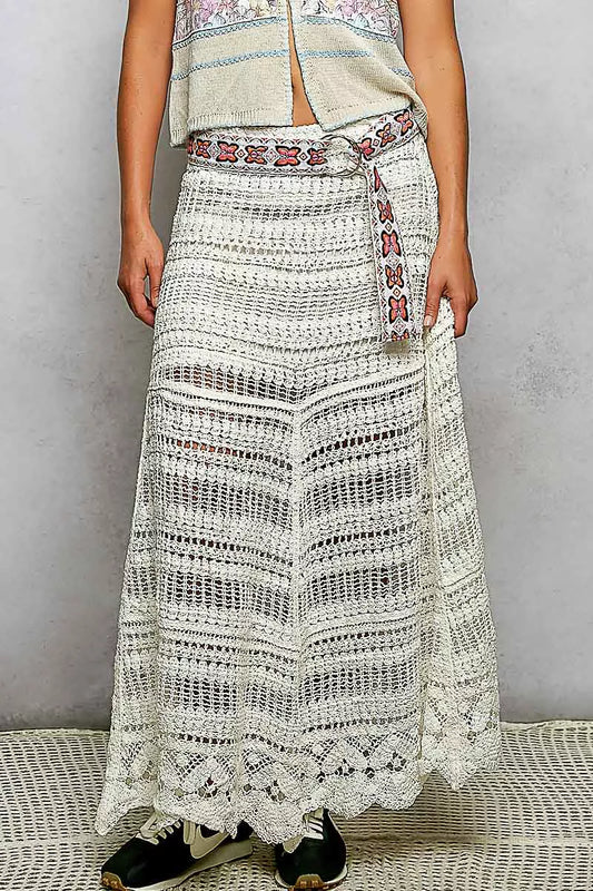 Off White Boho Crochet Knit Maxi Skirt | Tigbuls Variety Fashion