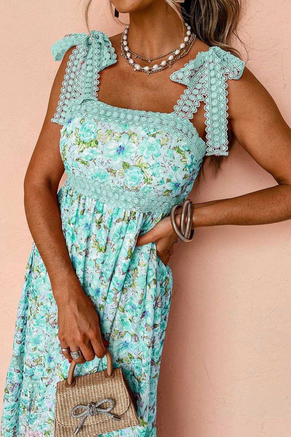 Turquoise Lace Detail Square Neck Floral Dress - Tigbul's Variety Fashion Shop