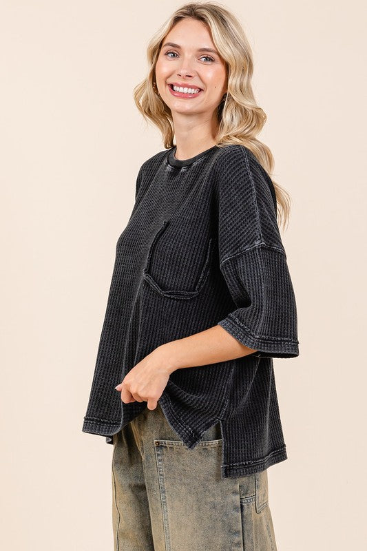 Ash Black Mineral Wash Waffle Knit Short Sleeve Top - Tigbul's Variety Fashion Shop
