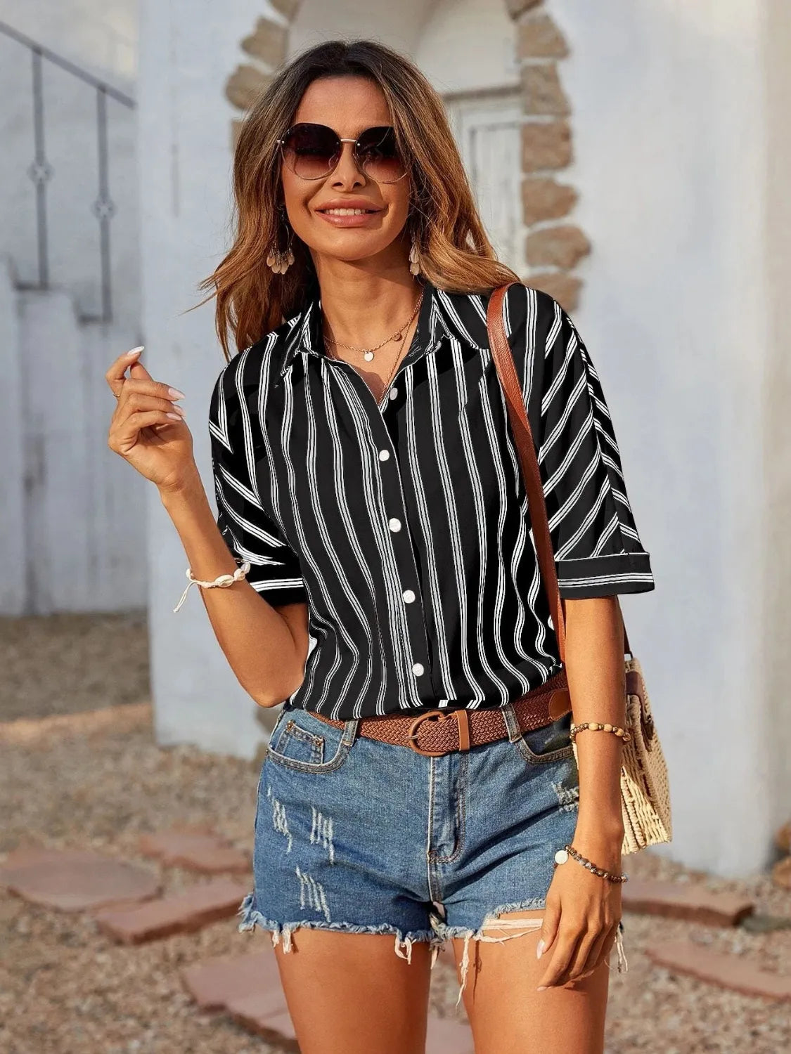 Striped Collared Neck Half Sleeve Shirt - Tigbul's Variety Fashion Shop